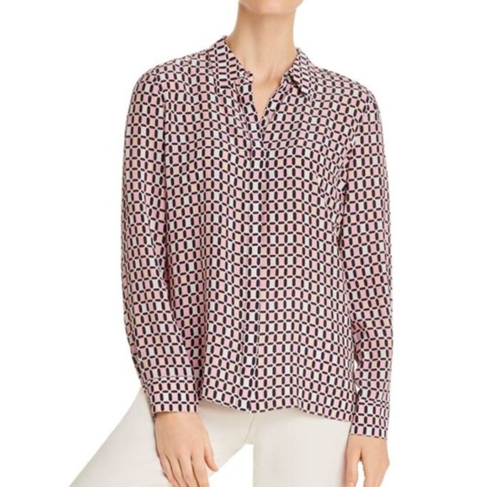Elie Tahari Blouse Large Pink Geometric Print Button Up 100% Viscose Shirt